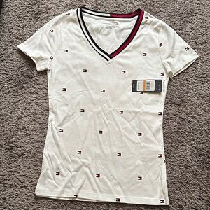 Tommy Hilfiger Women's White V-Neck Tee with Logo Accents